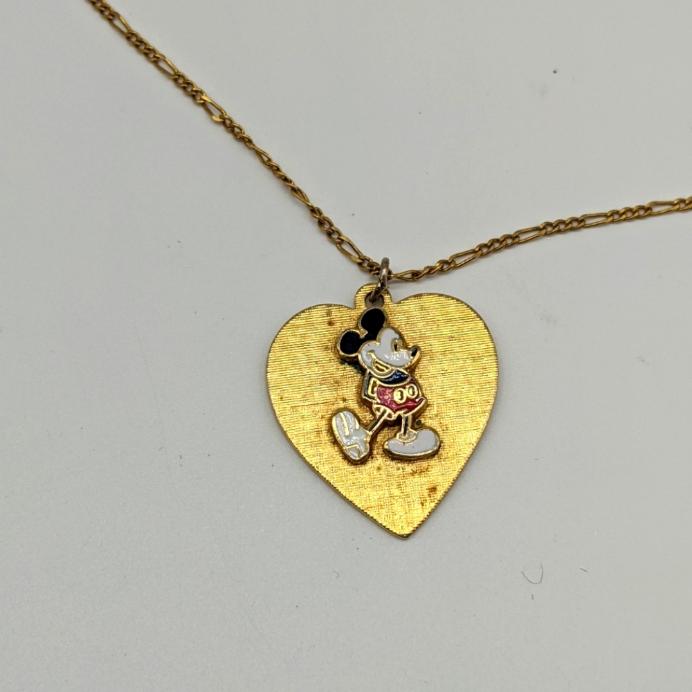Genuine Vintage 80s Goldtone Heart and Enamel Mickey Mouse Pendant and Chain